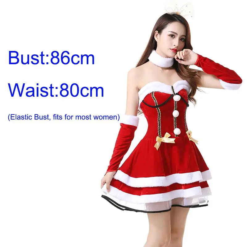 

2020 Christmas Santa Claus Shoulderless Waist Cosplay Dress Ladies Red Bra with White Faux Fur Dress Sexy Santa Costume Outfit