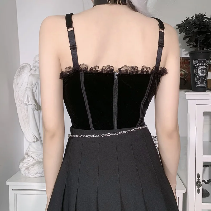 Gothic Women Vest Tank Tops Camisole Sexy Lace T-Shirts Streetwear Club Casual Sleeveless Tops Femme 2021 Summer