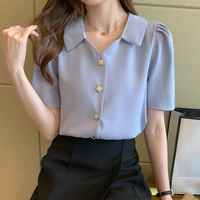 short sleeved shirt female design sense new 2021 summer loose french v neck chiffon top with simple temperament wm