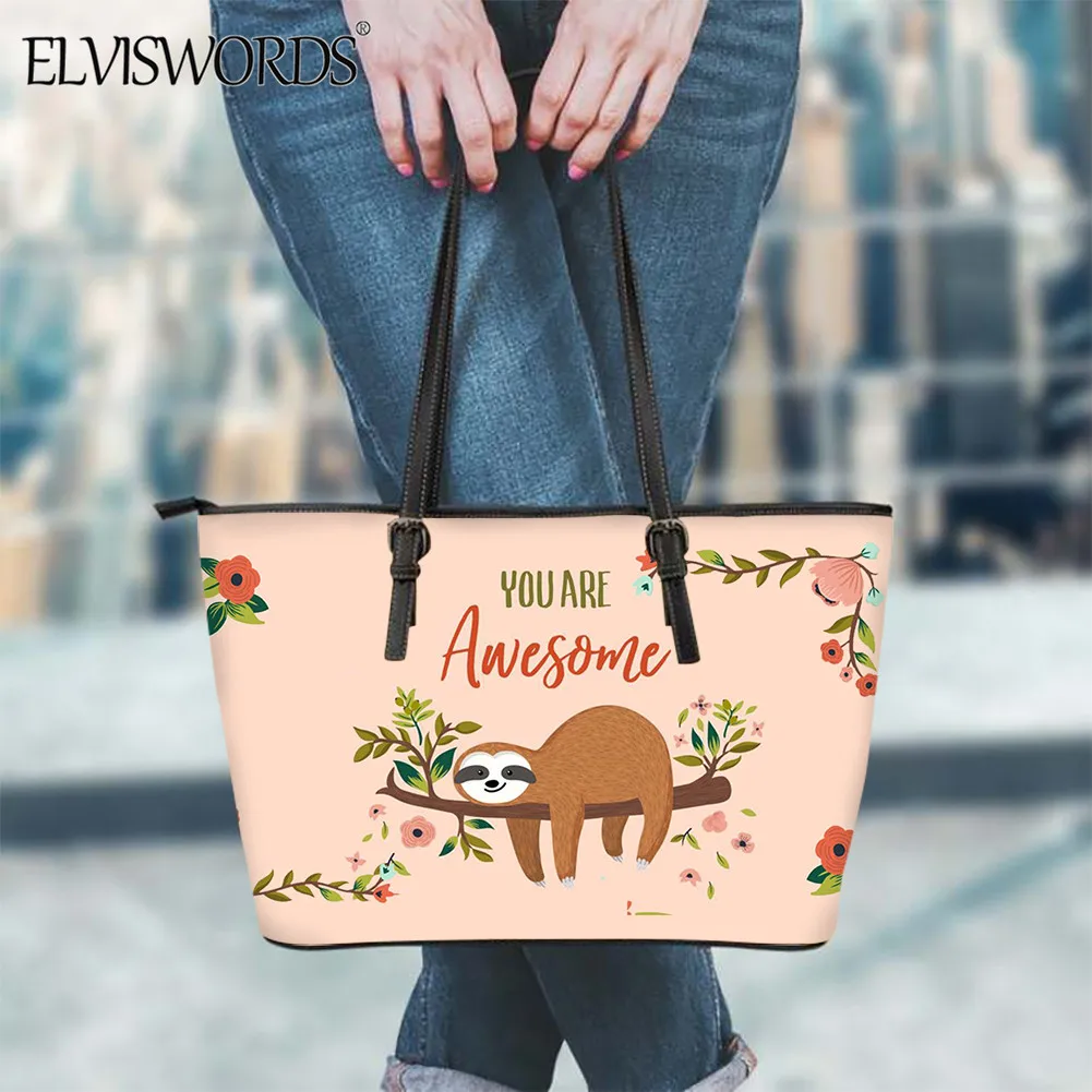 

Сумка ELVISWORDS женская, большая, вместительная, с рисунком Ленивца, сумка через плечо из искусственной кожи