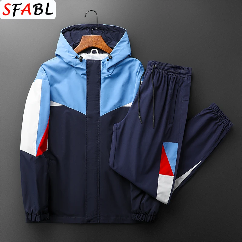 

New Patchwork Men's Sportswear Sets 2021 Autumn Hip Hop Fashion Hooded Tracksuit Men 2 Piece Set Sweatshirt + Sweatpants Sport