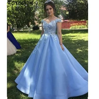 2021 light blue prom dresses women formal party elegant a line off shoulder vestidos de gala appliques lace long evening gowns