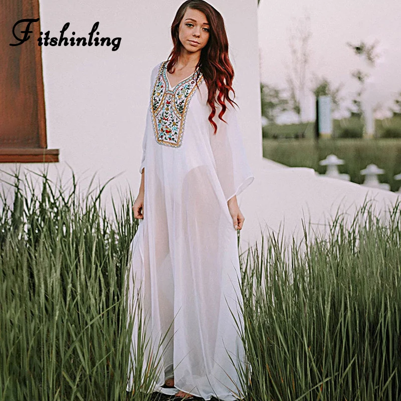 Fitshinling Embroidered Chiffon Long Dress Swimwear Flare Sleeve Sexy Hot White Beach Maxi Dresses Women Holiday Boho Vestidos | Женская