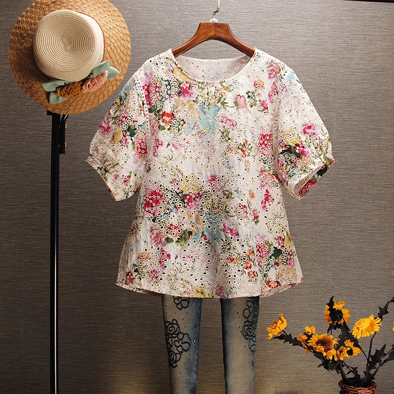 

Womens Blouses National Style Floral Cutout Printed Short Sleeved Round Neck Pullover Girl's Shirt Cotton Shirt Summer Tops