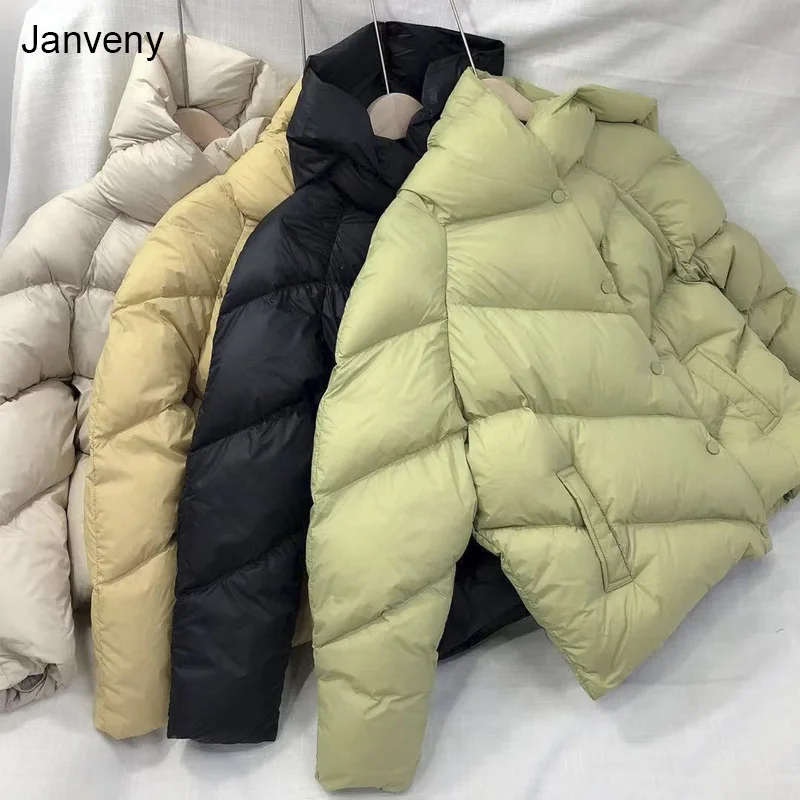 

Janveny короткая пуховая куртка для женщин 90% белое утиное пуховое пальто с капюшоном 2021 свободная модная Толстая Женская пушистая парка с перь...