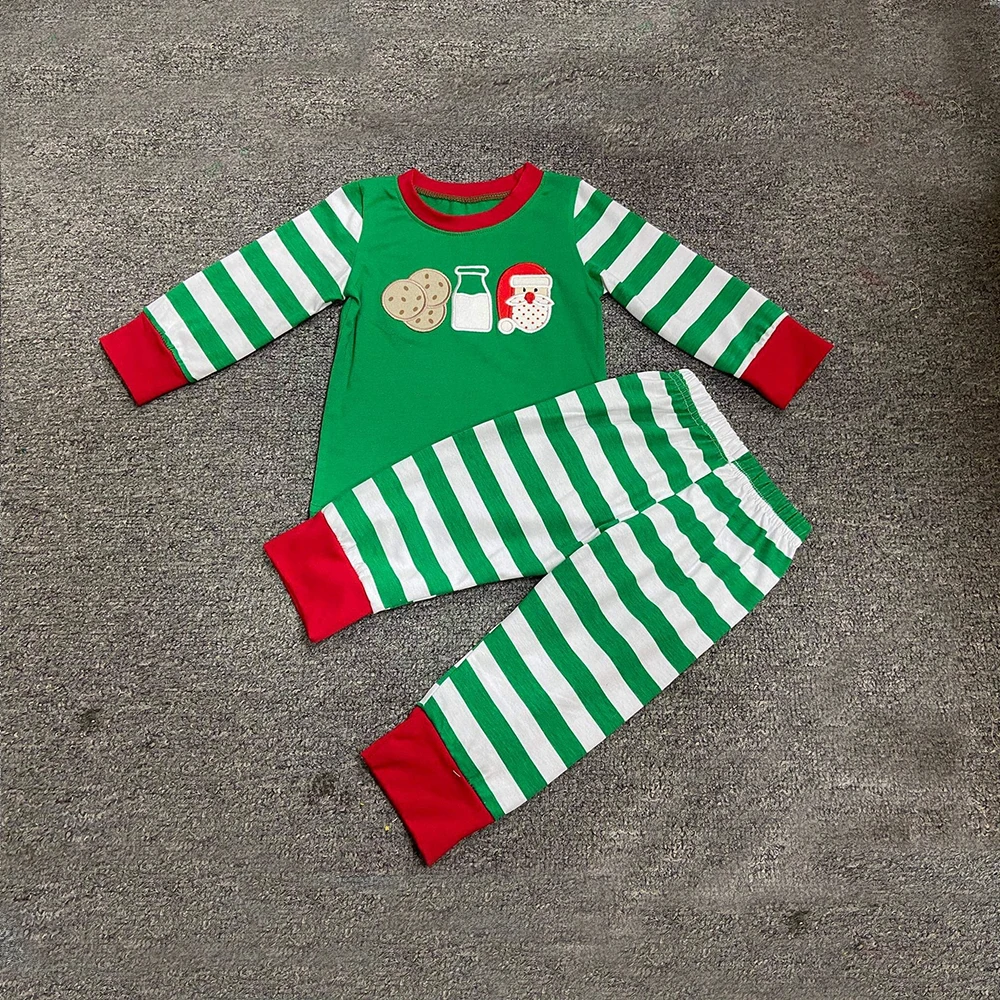 

Autumn Clothes Green Long Sleeve Top And Green Striped Trousers Christmas Cookie Milk And Old Man's Head Embroidery Boys Clothes