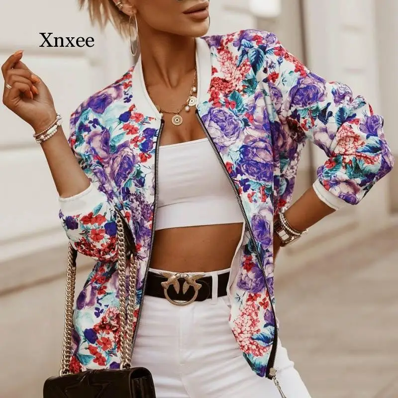 

Autumn and Winter Women's Floral Print Jacket Ladies Long-Sleeved Zipper Retro Clothes Autumn Slim Plus Size Short Baseball Jack
