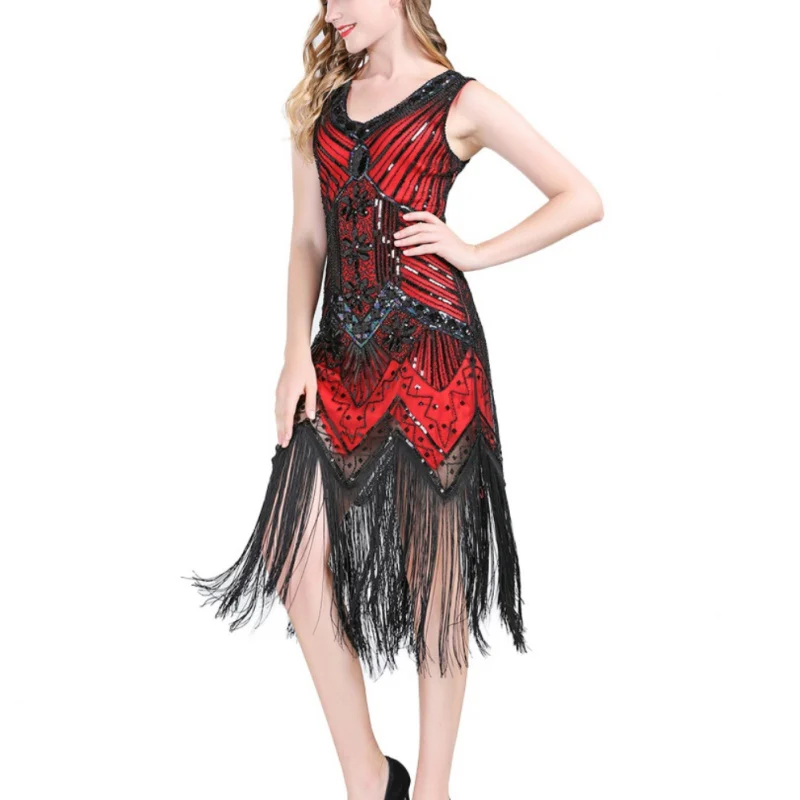 

Retro Women Party Dress Double V-neck Tassel Sequin Dancing Dress Beautiful Sleeveless Dress Vestido