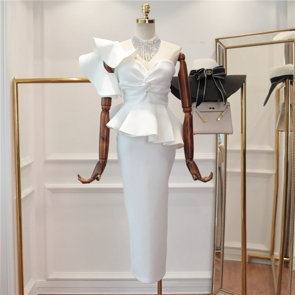 

Party Celebrity 2 Evening piece women Sexy Top+Skirt One Shoulder Ruffles Short Sleeve Strapless Club skirt set Vestidos