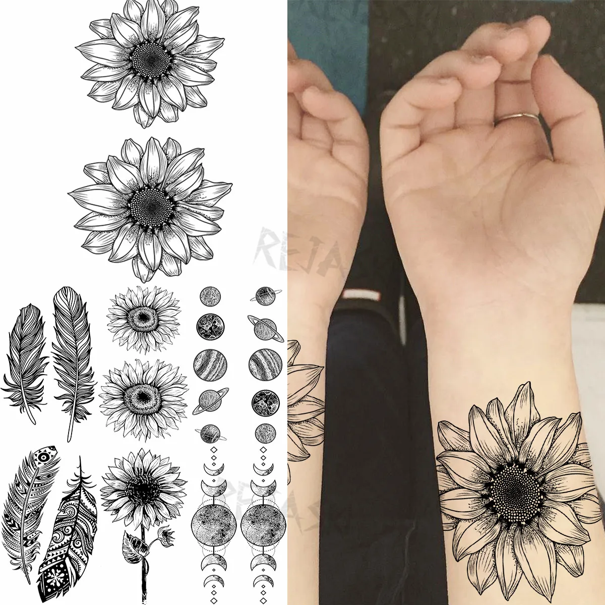 

Black Sunflower Temporary Tattoos For Women Adult Feather Planet Universe Fake Tattoo Neck Chest Body Art Washable Tatoo Sticker