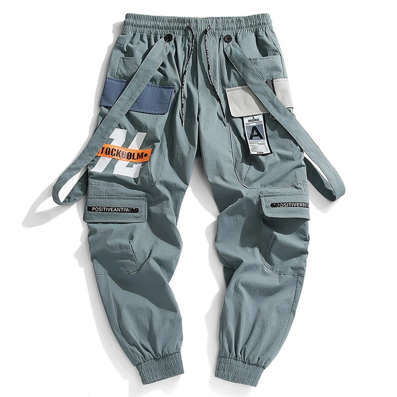 

Men Ribbons Multi Pockets Cargo Pants Men Harajuku Casual Joggers Track Streetwear Trouser Men Hip Hop Harem Pants Techwear Men