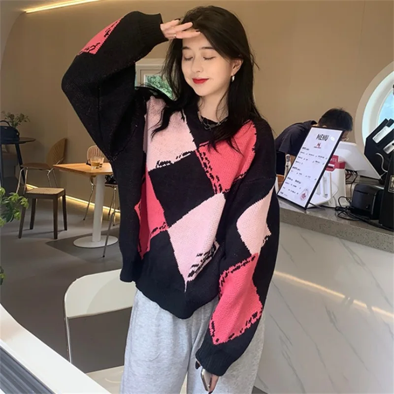 

WHOUARE Women Knitted Sweater Autumn Long Sleeve Female Clothing Korean Version Contrast Diamond Sweater Age-Reducing Leisure