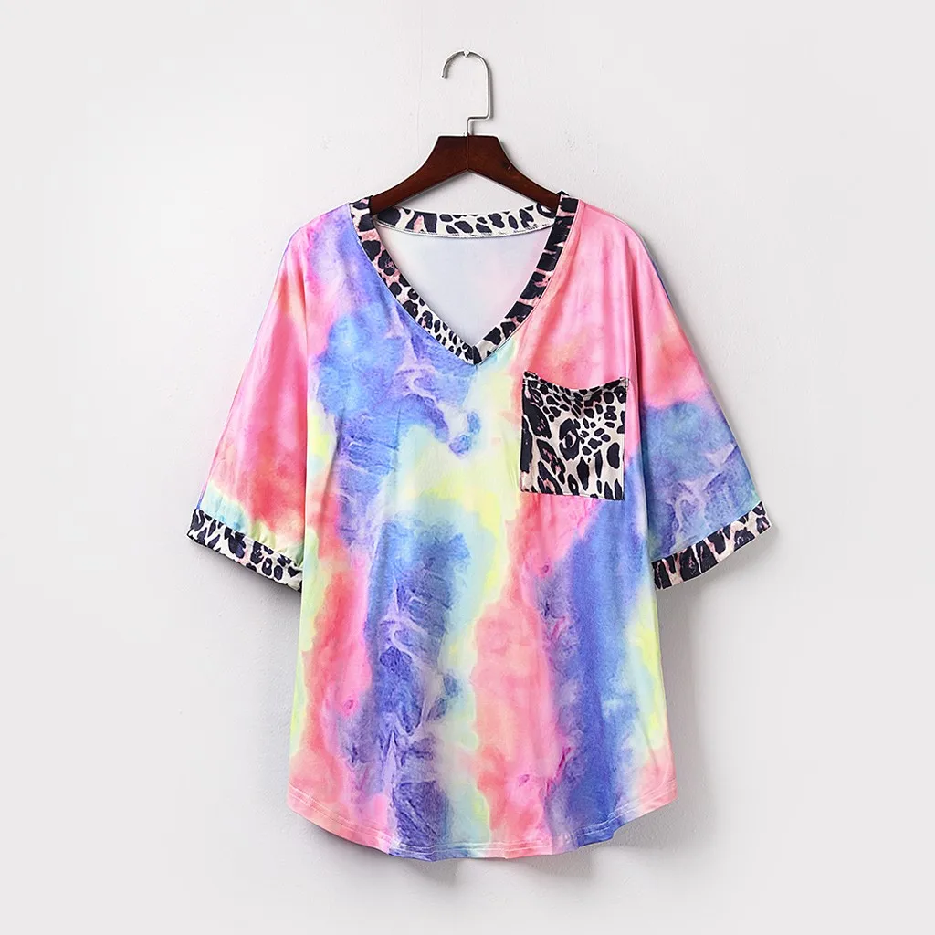 

Women Casual Tie-Dye T Shirt Summer Leopard Printed Patchwork V Neck Short Sleeved Loose Cotton Shirts Tops Home
