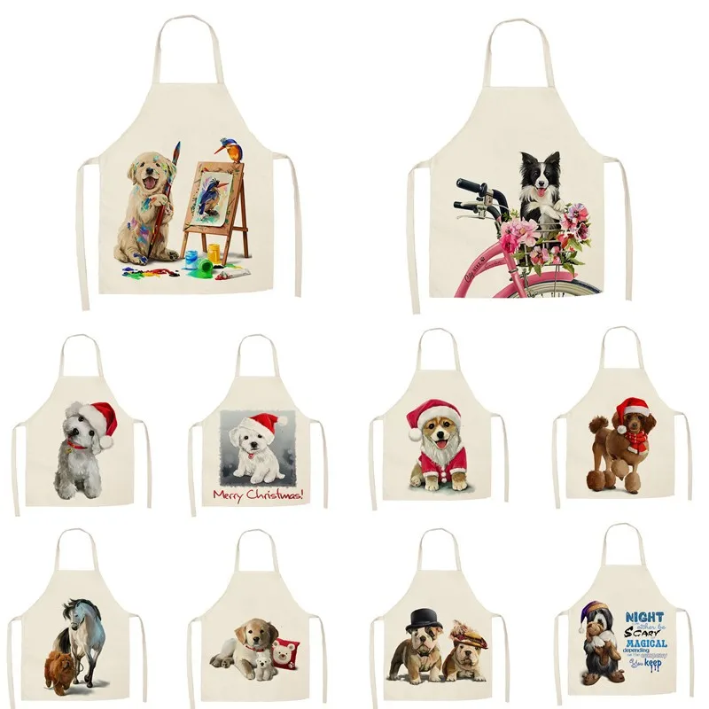 

Льняные Кухонные фартуки с мультяшным изображением собаки, фартуки унисекс для ужина, вечеринки, слюнявчик, Забавный передник, фартук для у...