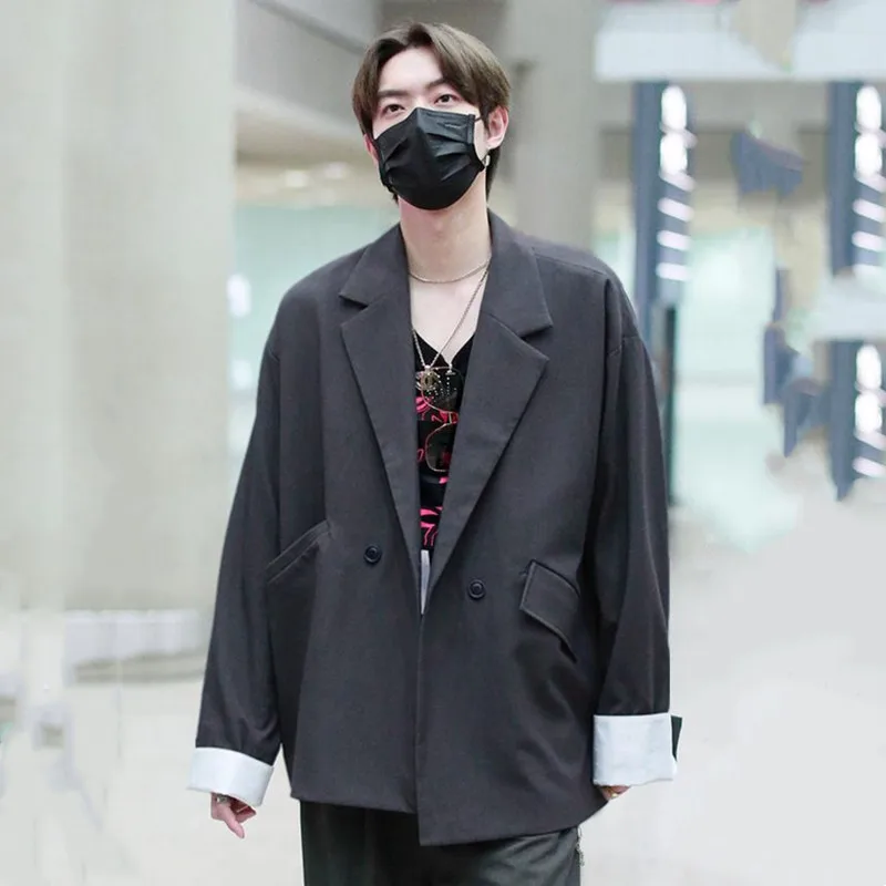 

Men's Casual Suit 2021 Star Same Fashion Hong Kong Style Trend Black Simple Loose Suit Coat