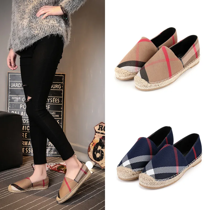 

NAICEN Classic Plaid Canvas Shoes Beef Tendon Sole Slip-on Lazy Round-headed Straw Linen Pig Split Membrane Leather Woman Shoes