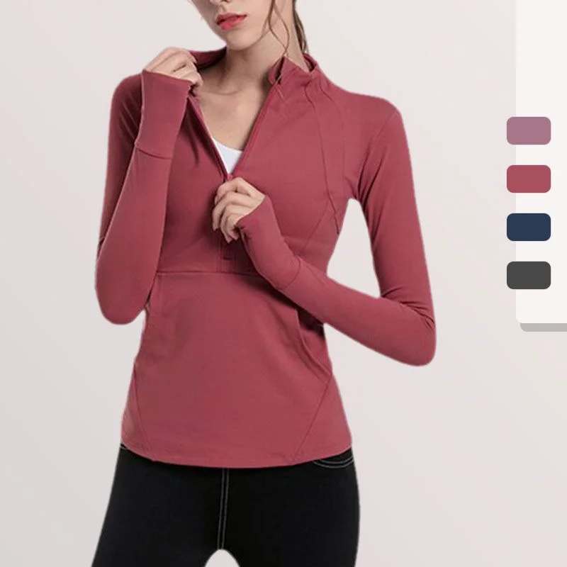 

Женские пикантные облегающие спортивные топы, дышащие рубашки с длинным рукавом и пуш-ап для бега и йоги на молнии с дырками для большого па...