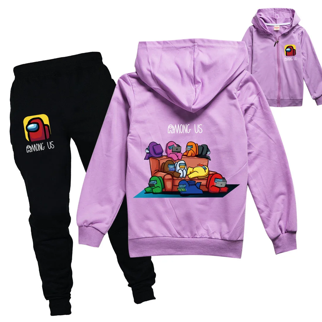 

Fashion Boys Cargo Streetwear Harajuku Kids Among Us Hoodies Pants 2pcs Sets Girls Jacket Zipper Jogger Elastic Middle Waist