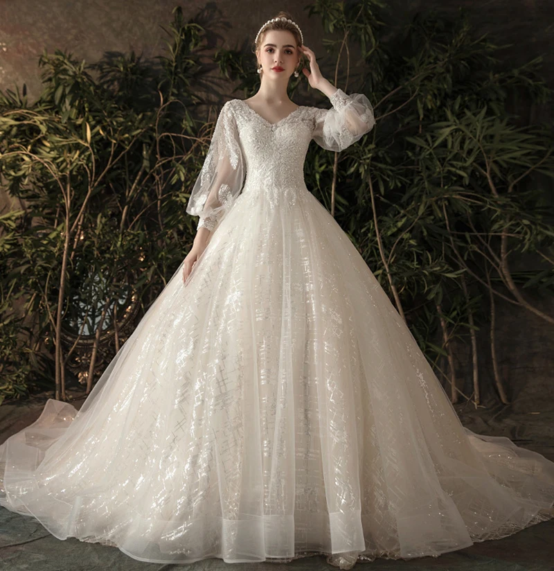 

Vestido De Noiva Princesa Lantern Sleeve Glitter Vintage Wedding Dresses 2022 Sexy Illusion Beads V-Neck Court Train Bridal Gown