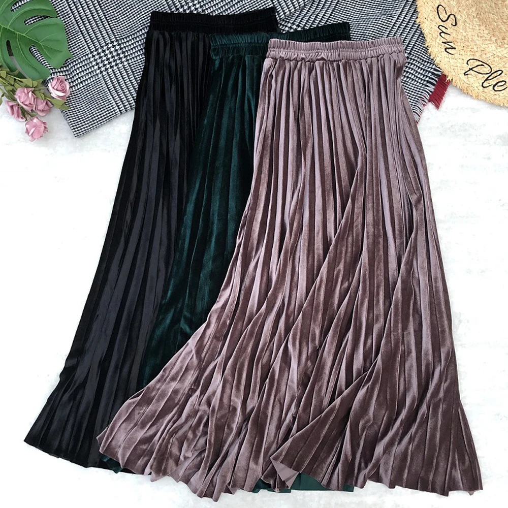 Женская бархатная длинная юбка Повседневная плиссированная с высокой талией