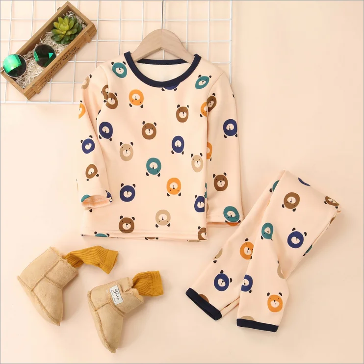 

OHMETOY Children Autumn Winter Warm Plus Velvet Suit Boys and Girls Cartoon Home Service Two-piece Suit Kids Pajamas