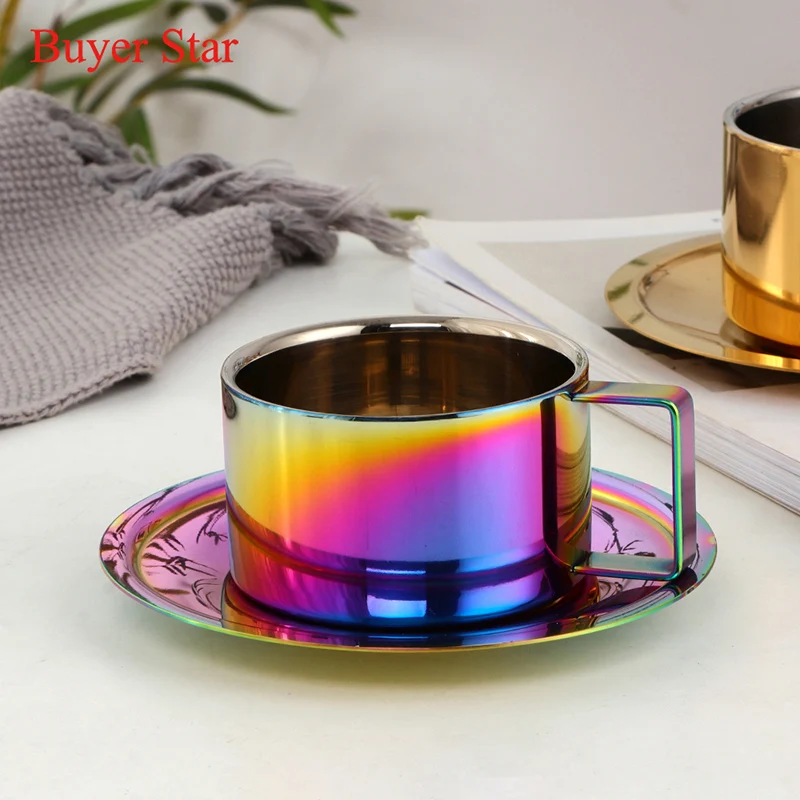 צבעוני פשוט נירוסטה קיר כפול כוס קפה צלחת כף סט יוקרה נסיעות ידית ספל תה כוס קפה מסיבת Drinkware