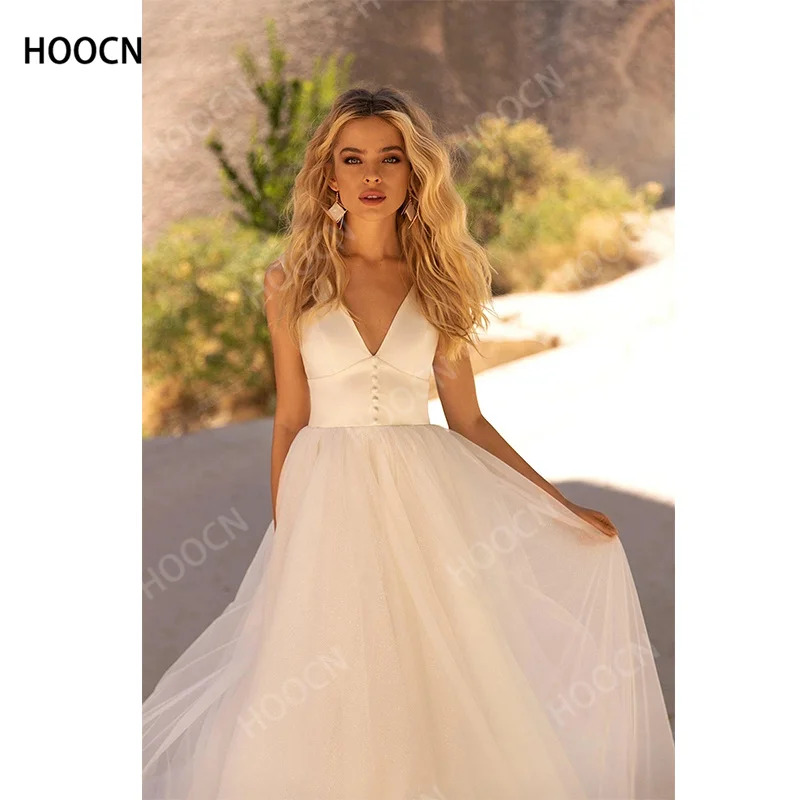 

HERBURNL Temperament Simple Beach Wedding Dress 2022 Tulle Satin A-line Princess Dress Wedding Dress V Neck Wedding Dress
