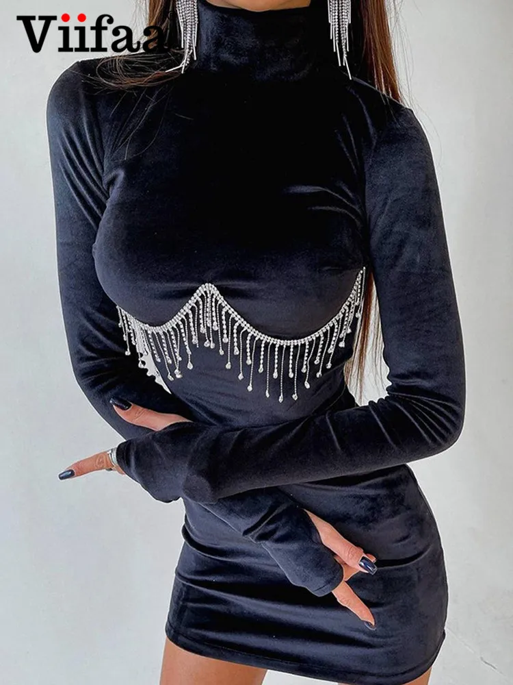 

Элегантная одежда viнастроа с бахромой из страз Бархатное облегающее осенне-зимнее платье с длинным рукавом Женские вечерние мини-платья