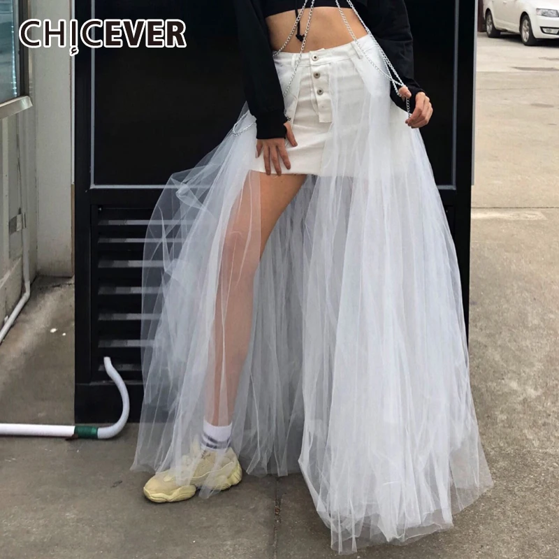 

CHICEVER White Casual Denim Skirt For Women High Waist Maxi Patchwork Mesh A Line Sexy Skirts Female 2022 Summer Fashion Clothes