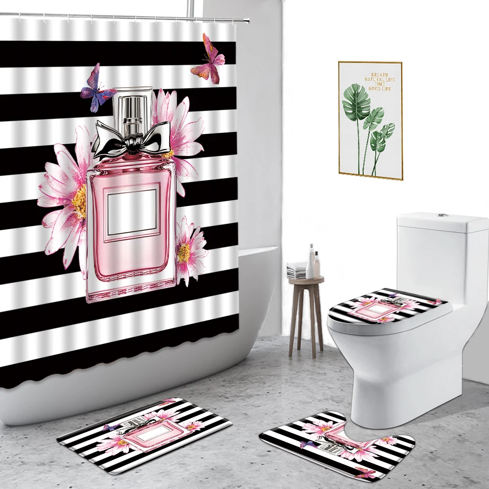 

Black White Stripes Shower Curtain Flower Perfume Lipstick Printed Bathroom Curtain Decor Non-Slip Carpet Toilet Lid Cover Rugs