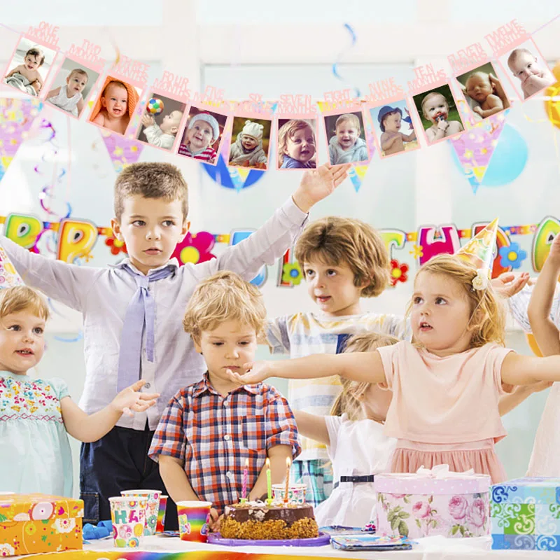 

1 Set 12 Months Photo Frame Banner Boy Girl 1st Birthday Decoration Garland Flags I am One Year First Birthday Party Supplies