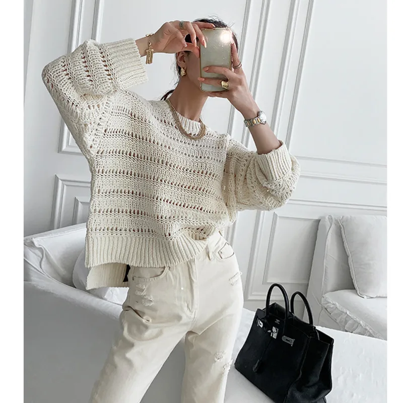 

Женский пуловер с вырезом лодочкой, свободная блузка с длинным рукавом, сетчатый джемпер с разрезом сбоку в стиле ретро, осень 2021