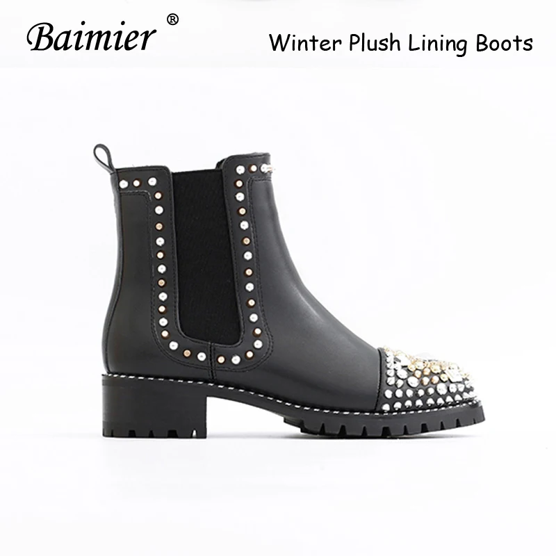 Plush Lining Boots Baimier/; роскошные женские ботинки с заклепками; цвет золотистый, Серебристый; женские ботильоны из натуральной кожи; фирменный дизайн; женские ботинки «Челси» без застежки - Цвет: Plush Lining Boots