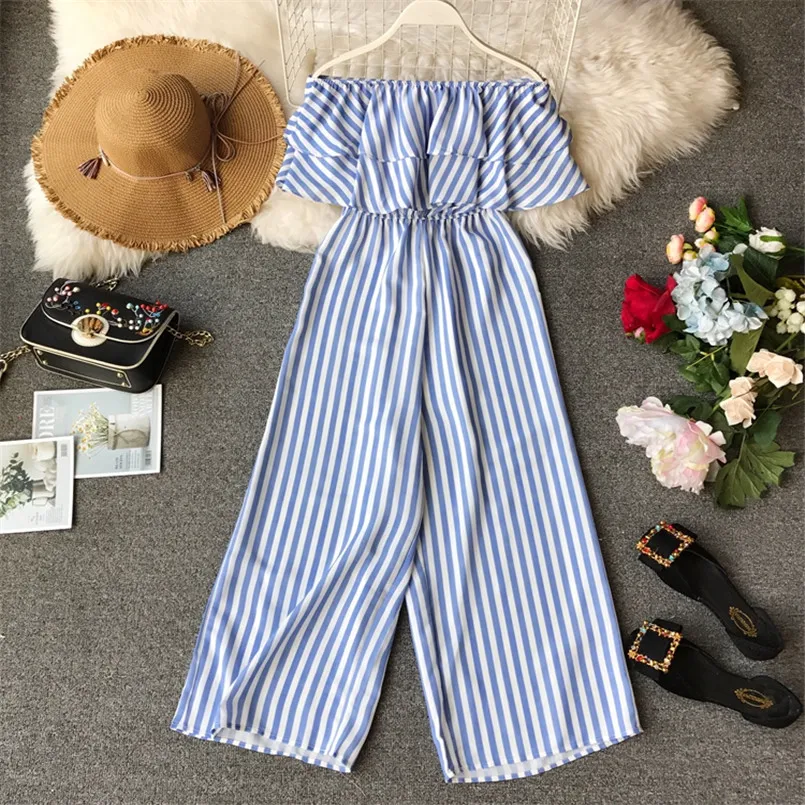 Женский пляжный комбинезон с оборками Boho повседневный длинный в полоску