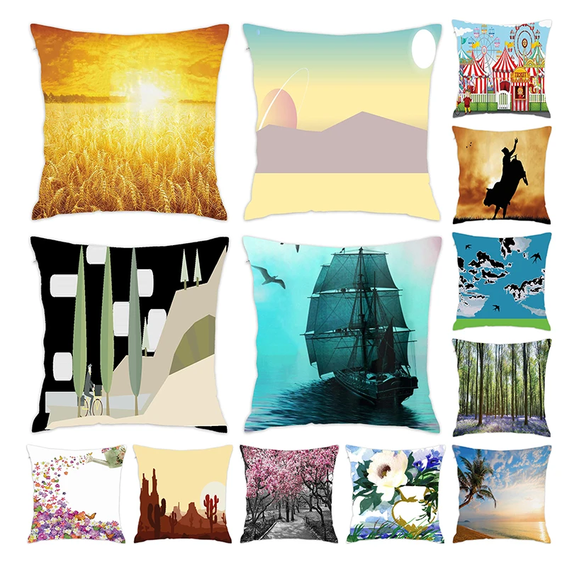 

[Douladou]Bright Sunset Printed Pillow Covers Cushion Covers Throw Couch Pillow Case Polyester Decorative Pillowcase 45x45CM