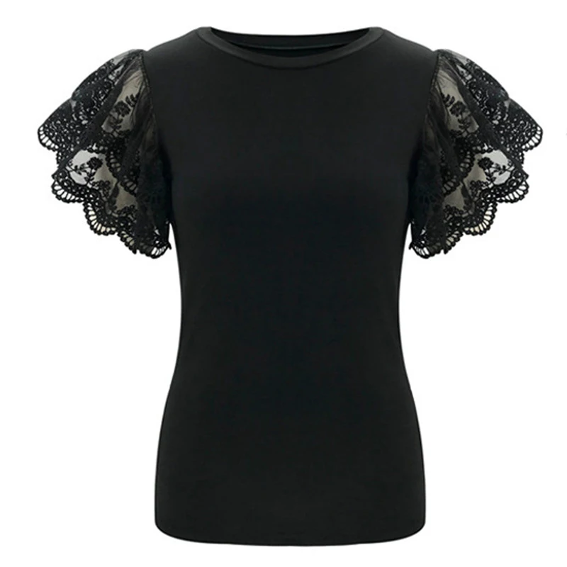 Camiseta de retazos de encaje entallada para mujer, camisetas de manga corta informales lisas con cuello redondo, Tops blancos y negros 2020