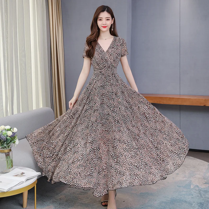 

2021V collared chiffon dress women's summer leopard print long skirt Bohemian popular skirt beach skirt beachside vacation