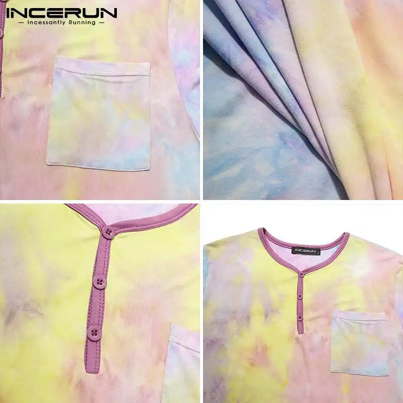 

Men Leisure Tie Dye Printed Sleep Robes INCERUN Short Sleeve Round Neck Comfortable Bathrobes Man Casual Buttons Homewear 5XL 7
