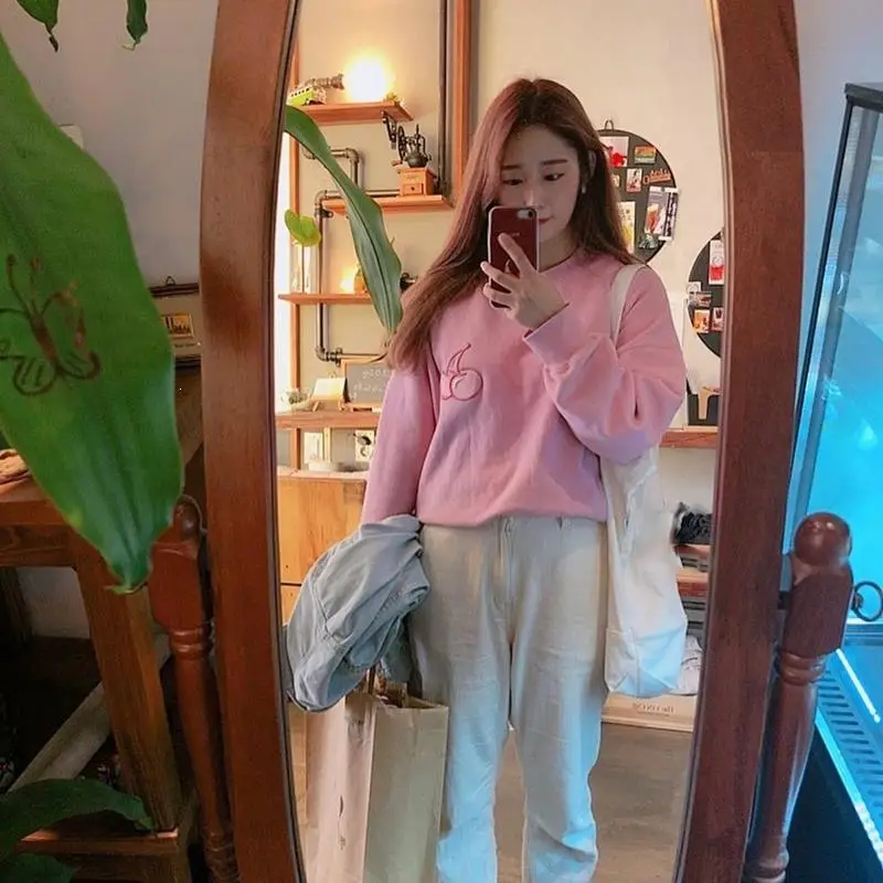 Толстовка с вышивкой вишни женская одежда теплые однотонные розовые топы