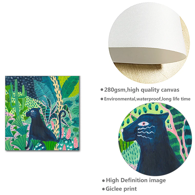 Джунгли Дикий леопард тропические животные Птица лист скандинавский плакат