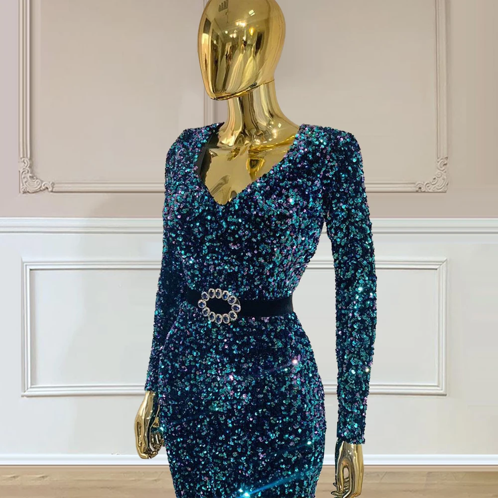 

Sequin 2021 Mermaid Prom Dresses Full Sleeves vestido de fiesta de boda Square Neckline