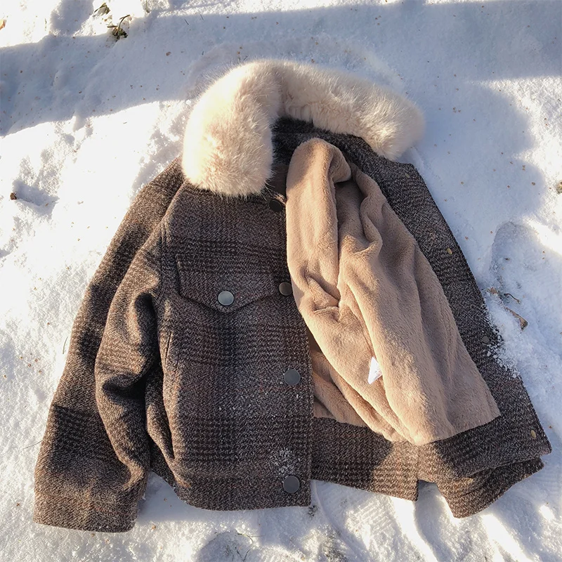 Женское Короткое шерстяное пальто Mishow свободное клетчатое в Корейском стиле