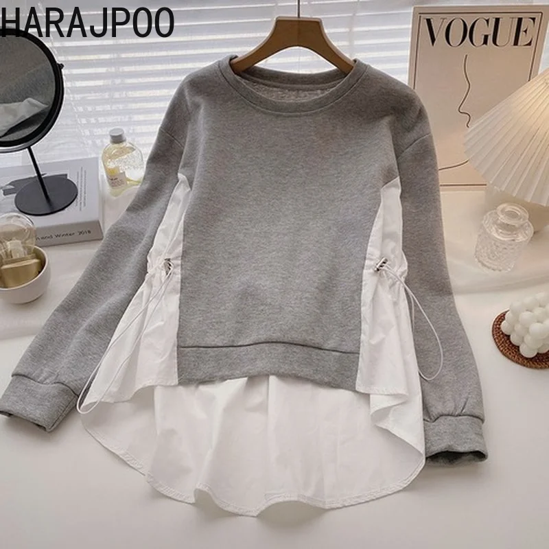

Harajpoo Clothing Women Drawstring Stitching 2021 Spring Fall New Korean Casual Crewneck Long Sleeve Female Harajuku Streetwear