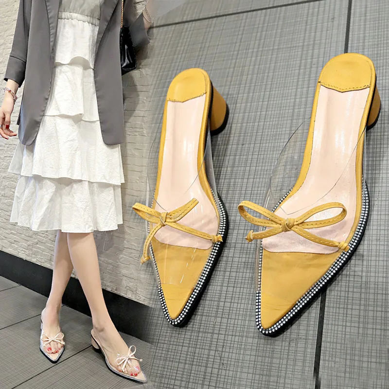 Женские сандалии на квадратном каблуке желтые белые среднем лето 2019|Женские