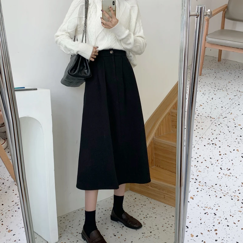 

Women 2021 Autumn Winter New Fashion Woolen Skirt Female Loose Warm High Waist Skirts Ladies Elegant A Line Skirts Y594