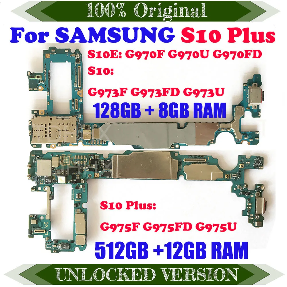 Разблокированная материнская плата 128G 512G для Samsung Galaxy S10 Plus G973F G973FD G973U G975F G975FD G975U