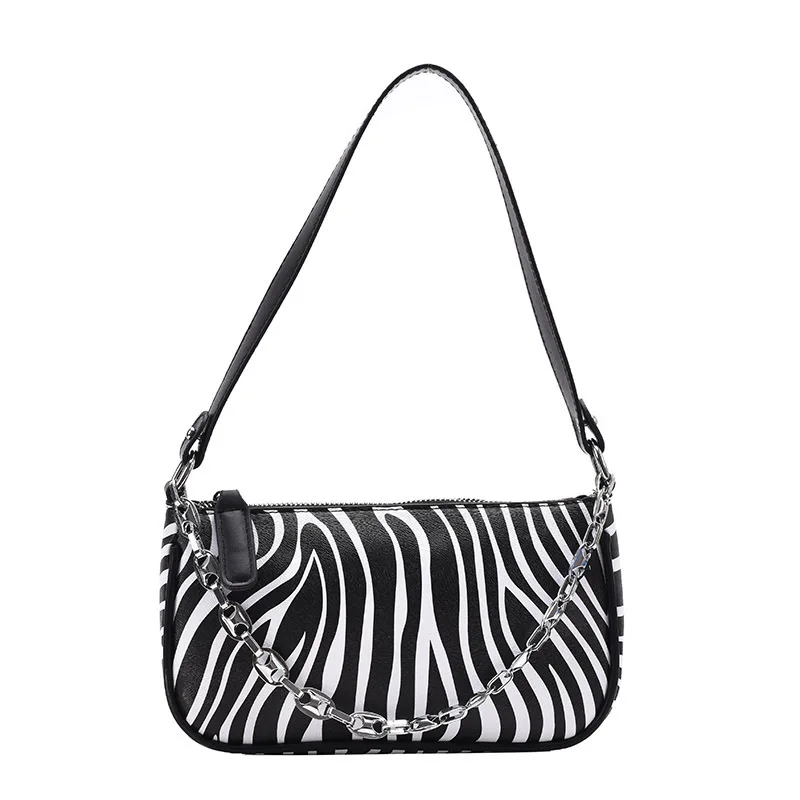 

Female Shoulder Bag Thick Chain Fashion Zebra Cow Pattern Serpentine Pattern Zipper Opening PU Leather Lady Pouch Baguette Bag