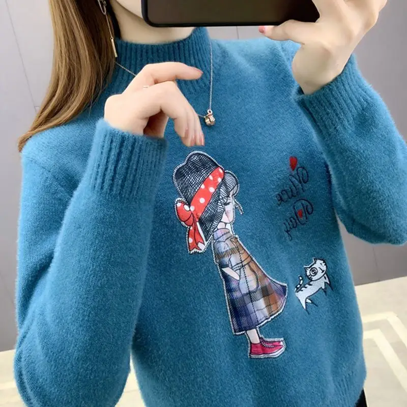 

EBAIHUI Woman Sweaters Embroidery Cartoon Mock Neck Pullover Knitted Faux Mink Cashmere Thick Warm Winter Clothes Women's Jumper