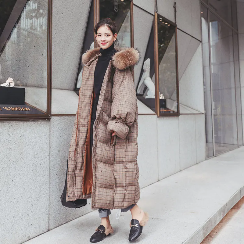 New Winter Jacket Women Long Coat Plaid Parka Down Fur collar Hooded Thick Warm Cotton clothing Loose Overcoat Tide | Женская одежда