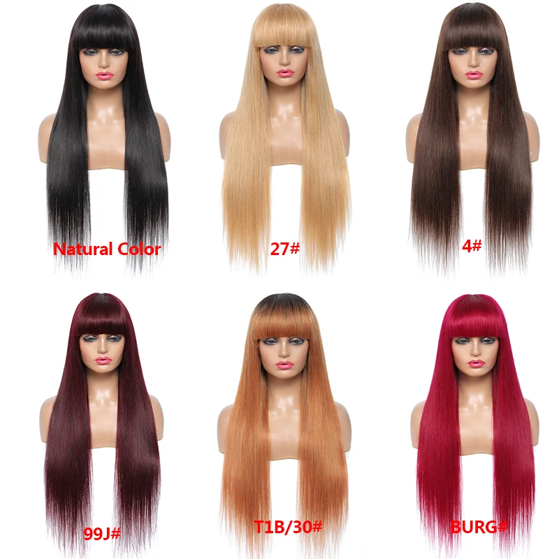 

Brown Human Hair Wigs With Bangs Brazilian Straight 100% Human Hair Wigs SOKU NonLace Full Machine Made Wigs Colored 99J Red Wig